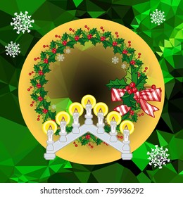 Holiday background with Christmas garland and candlestick. Copy space.Vector clip art.