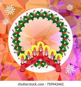 Holiday background with Christmas garland and candlestick. Copy space.Vector clip art.