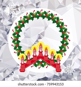 Holiday background with Christmas garland and candlestick. Copy space.Vector clip art.