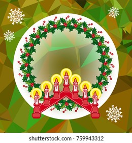 Holiday background with Christmas garland and candlestick. Copy space.Vector clip art.