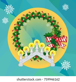 Holiday background with Christmas garland and candlestick. Copy space.Vector clip art.