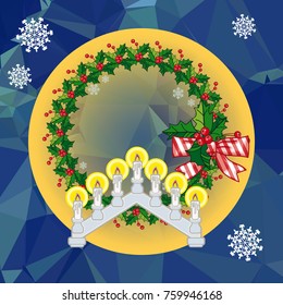 Holiday background with Christmas garland and candlestick. Copy space.Vector clip art.