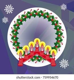 Holiday background with Christmas garland and candlestick. Copy space.Vector clip art.