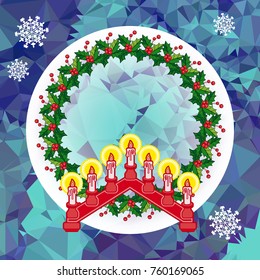 Holiday background with Christmas garland and candlestick. Copy space.Vector clip art.