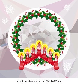 Holiday background with Christmas garland and candlestick. Copy space.Vector clip art.