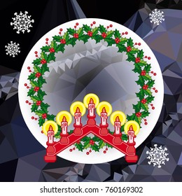 Holiday background with Christmas garland and candlestick. Copy space.Vector clip art.