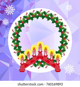 Holiday background with Christmas garland and candlestick. Copy space.Vector clip art.