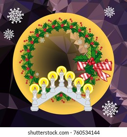 Holiday background with Christmas garland and candlestick. Copy space.Vector clip art.