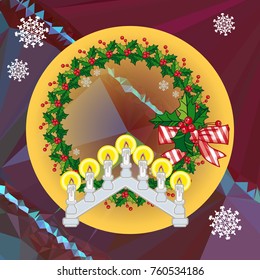 Holiday background with Christmas garland and candlestick. Copy space.Vector clip art.