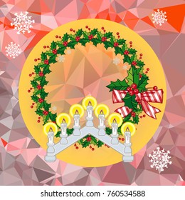 Holiday background with Christmas garland and candlestick. Copy space.Vector clip art.