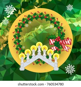 Holiday background with Christmas garland and candlestick. Copy space.Vector clip art.