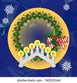 Holiday background with Christmas garland and candlestick. Copy space.Vector clip art.