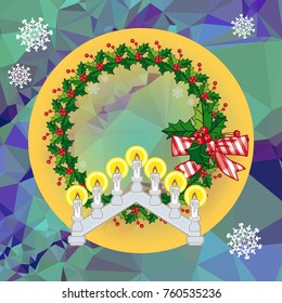 Holiday background with Christmas garland and candlestick. Copy space.Vector clip art.