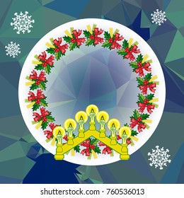 Holiday background with Christmas garland and candlestick. Copy space.Vector clip art.