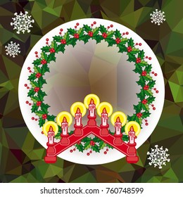 Holiday background with Christmas garland and candlestick. Copy space.Vector clip art.