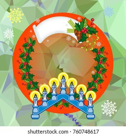 Holiday background with Christmas garland and candlestick. Copy space.Vector clip art.