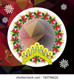 Holiday background with Christmas garland and candlestick. Copy space.Vector clip art.