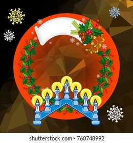 Holiday background with Christmas garland and candlestick. Copy space.Vector clip art.