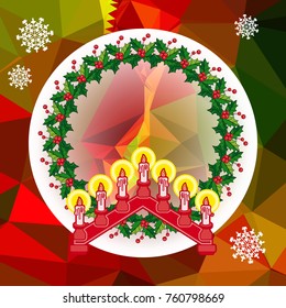 Holiday background with Christmas garland and candlestick. Copy space.Vector clip art.