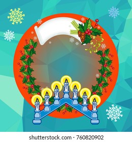 Holiday background with Christmas garland and candlestick. Copy space.Vector clip art.