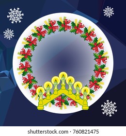Holiday background with Christmas garland and candlestick. Copy space.Vector clip art.