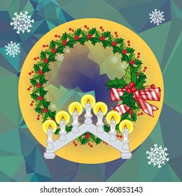 Holiday background with Christmas garland and candlestick. Copy space.Vector clip art.