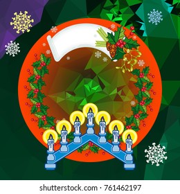 Holiday background with Christmas garland and candlestick. Copy space.Vector clip art.