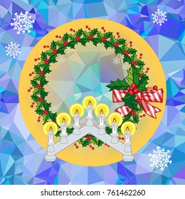 Holiday background with Christmas garland and candlestick. Copy space.Vector clip art.