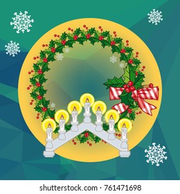 Holiday background with Christmas garland and candlestick. Copy space.Vector clip art.