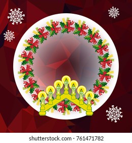 Holiday background with Christmas garland and candlestick. Copy space.Vector clip art.