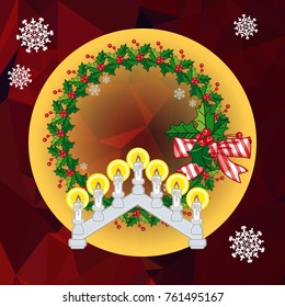 Holiday background with Christmas garland and candlestick. Copy space.Vector clip art.