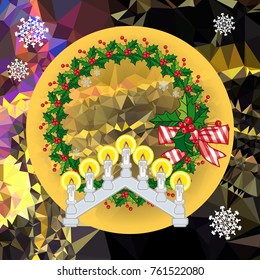 Holiday background with Christmas garland and candlestick. Copy space.Vector clip art.