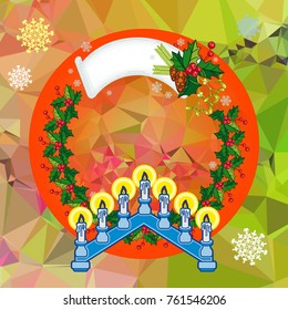 Holiday background with Christmas garland and candlestick. Copy space.Vector clip art.
