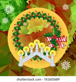 Holiday background with Christmas garland and candlestick. Copy space.Vector clip art.