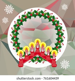 Holiday background with Christmas garland and candlestick. Copy space.Vector clip art.