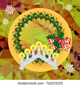 Holiday background with Christmas garland and candlestick. Copy space.Vector clip art.