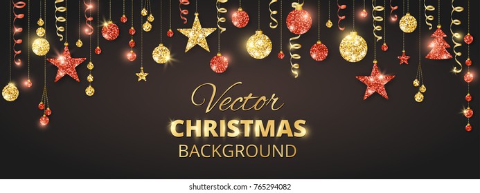 Holiday Background. Christmas Garland. Red And Gold Glitter Bauble Ornaments On Black. Hanging Ribbons And Balls, Tree And Stars. Border Frame For Christmas And New Year Cards, Party Banners.