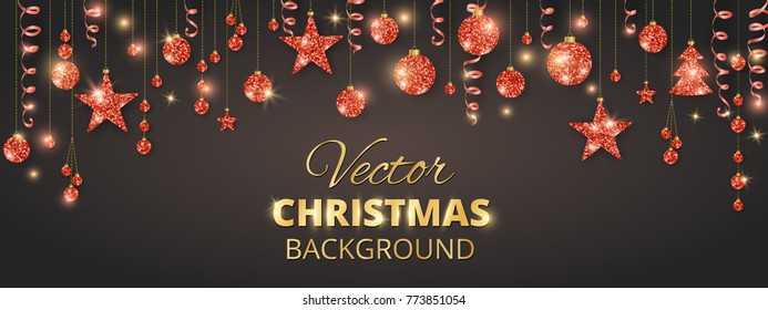 Holiday background. Christmas garland. Red glitter ornaments on black. Hanging baubles, ribbons and balls, tree and stars. Border frame for Christmas and New Year cards, party banners.