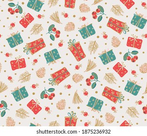 Holiday background, Christmas gifts and berries seamless pattern. Print for fabrics, wrapping paper, textile design