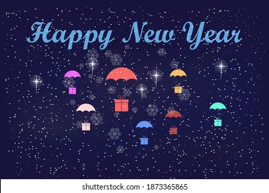 Holiday background. Christmas gifts flying on parachutes in the sky, illustration