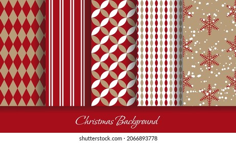 Holiday background. Christmas seamless pattern. Xmas, New year background. Endless texture with present, snowflake, strip, polka dot, tree. Print for wrapping paper web textile. Vector illustration. 