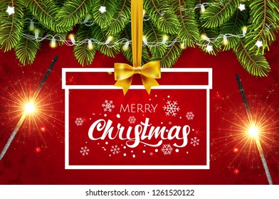Holiday background with Christmas tree border, sparkler, and lettering with snowflake set in Christmas gift seamless pattern. Vector illustration. EPS 10