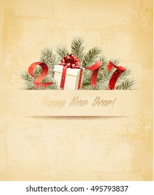 Fondo de vacaciones con ramas de árboles de navidad y caja de regalo. Vector.