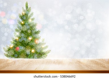Holiday background with a Christmas tree and colorful balls. Vector