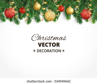 Holiday background with christmas tree garland and ornaments. Hanging gold and red balls and ribbons. Great for christmas cards, banners, flyers, party posters. Vector illustration