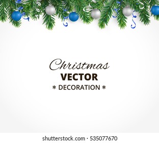 Holiday background with christmas tree garland and ornaments. Hanging blue and silver balls and ribbons. Great for christmas cards, banners, flyers, party posters. Vector illustration