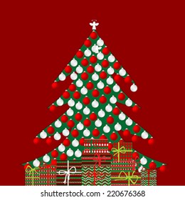 Holiday background with Christmas tree and gift boxes