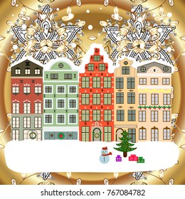 Holiday background with a christmas tree and houses over a background. Vector illustration.
