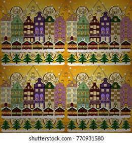 Holiday background with a christmas tree and houses over a background. Vector illustration.