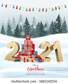 Holiday background with christmas tree made out of colorful gift boxes and presents and winter landscape. Vector illustration
